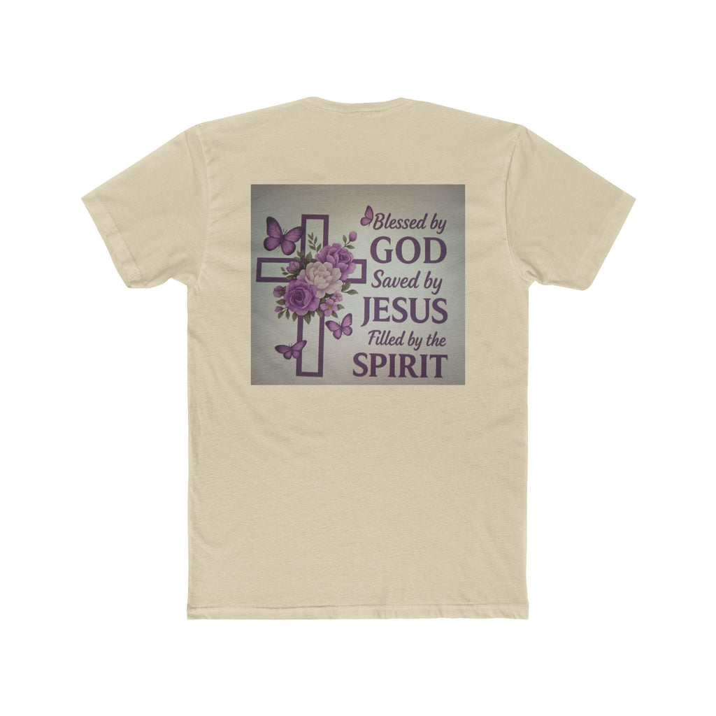 Christian Tee — "Blessed by God, Saved by Jesus, Filled by the Spirit" Floral Cross