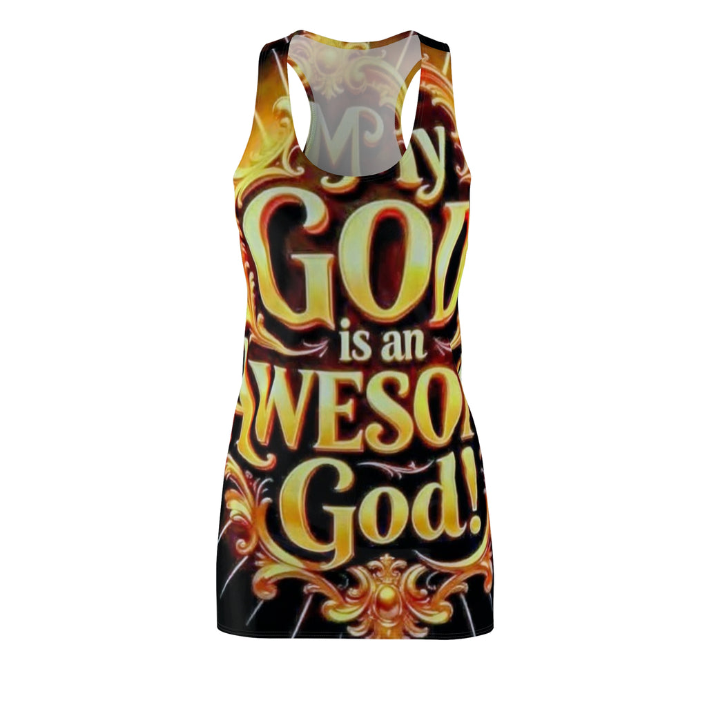 Racerback Dress — "My God Is An Awesome God" Bold All-Over Print Christian Dress