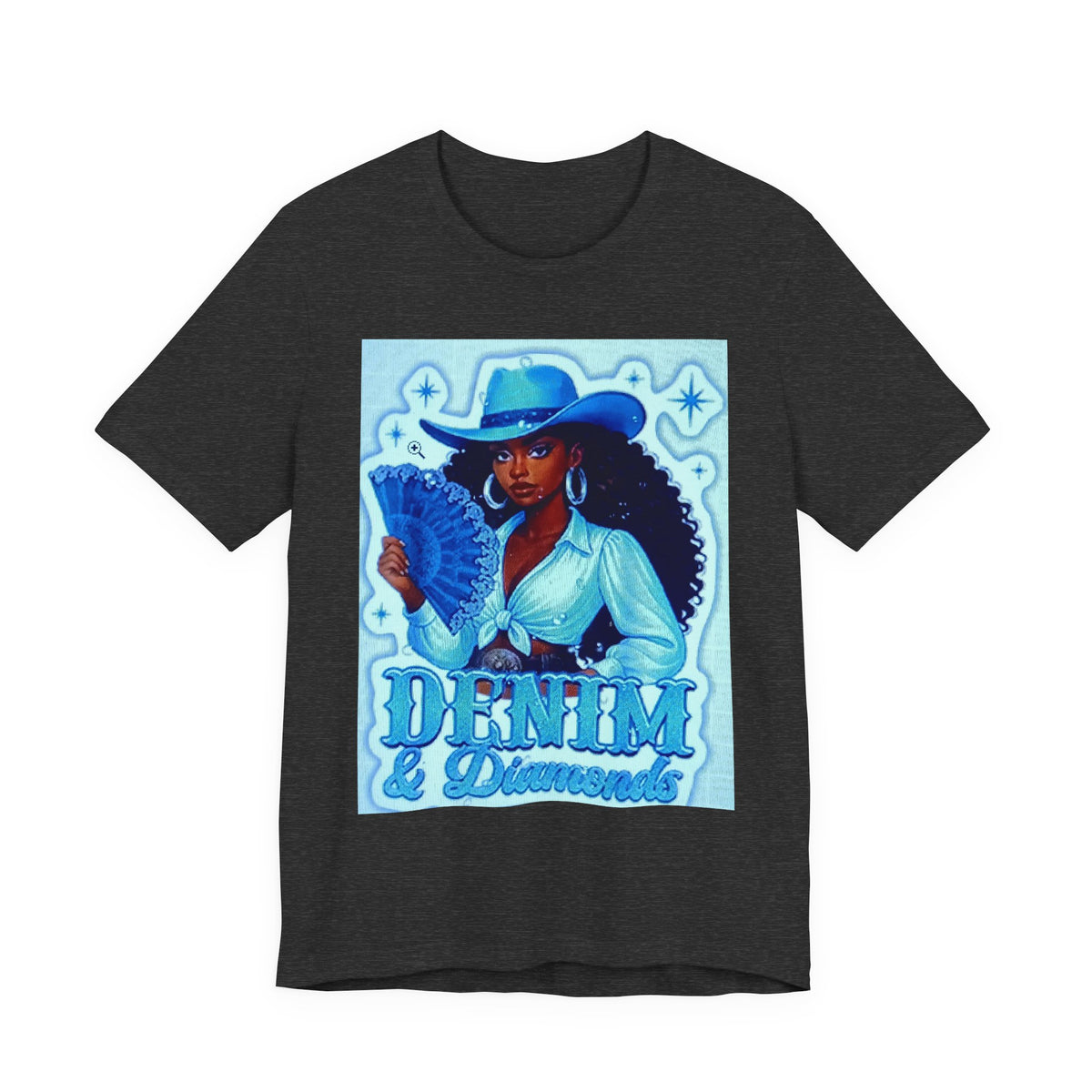 Denim & Diamonds Graphic T‑Shirt — Retro Blue Cowgirl Design