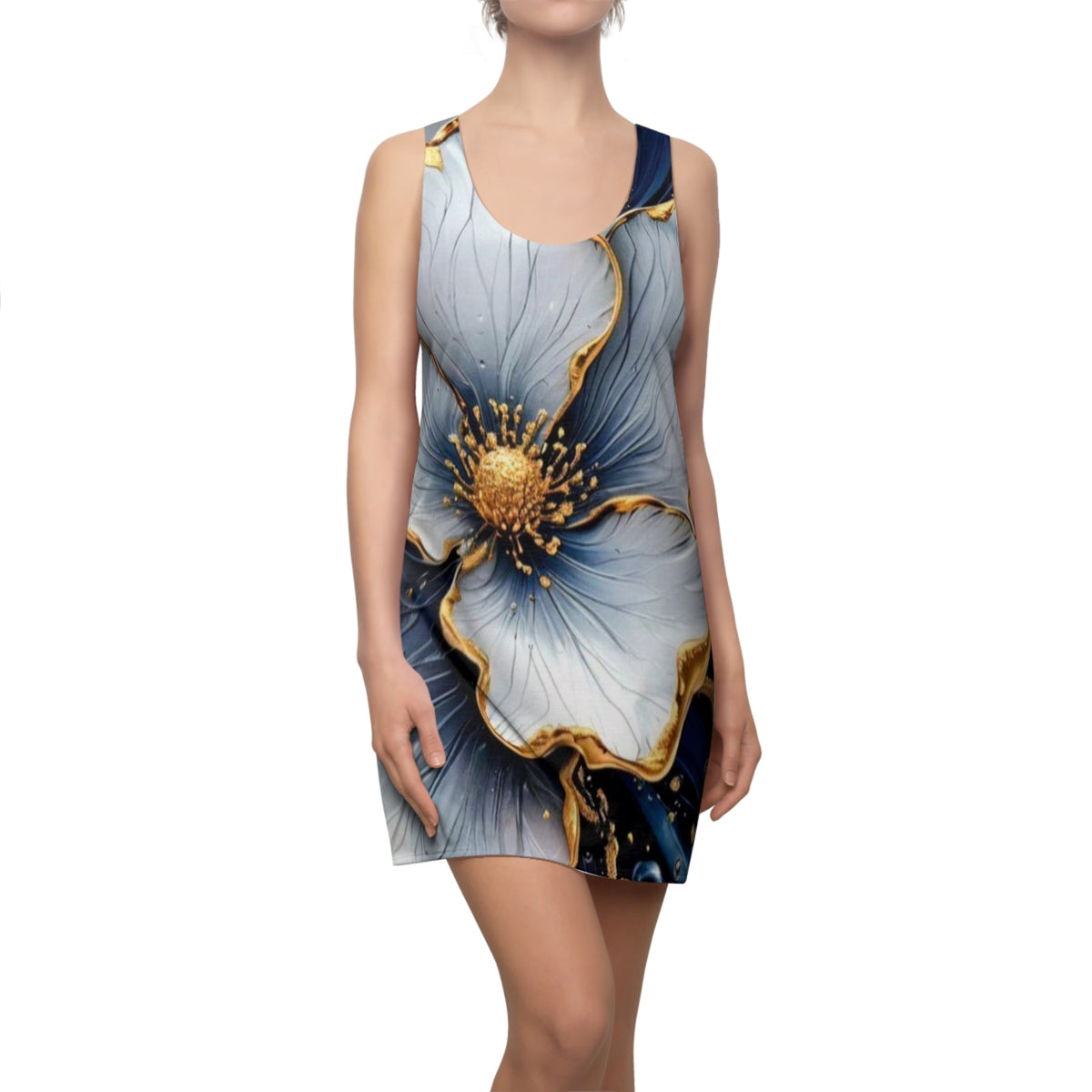 Floral Gold-Trim Racerback Dress – Elegant Blue & White Blossom AOP