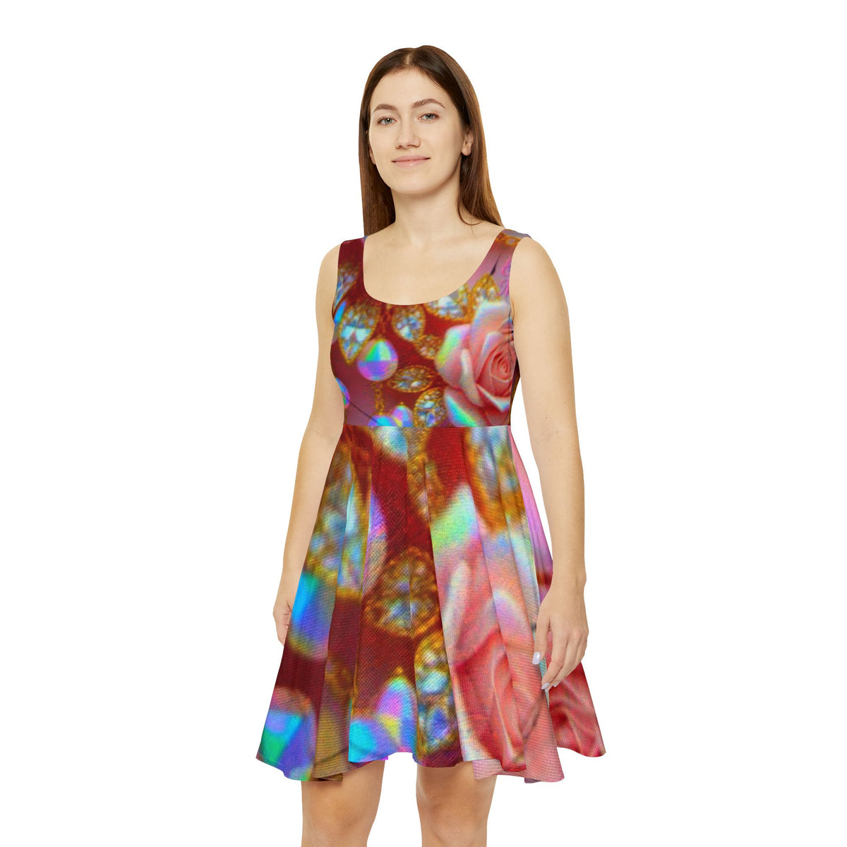 Holographic Rose Skater Dress - Floral Glitter Prism All-Over Print