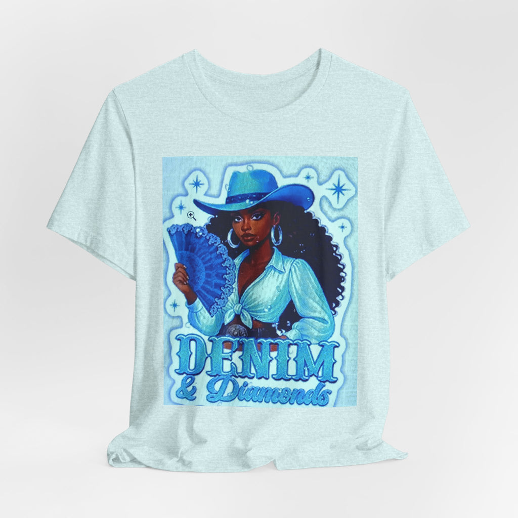 Denim & Diamonds Graphic T‑Shirt — Retro Blue Cowgirl Design