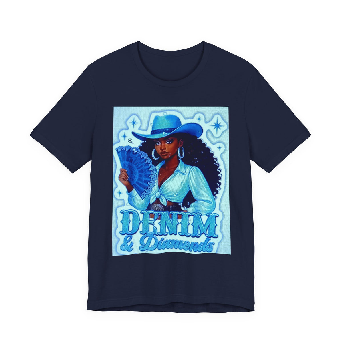 Denim & Diamonds Graphic T‑Shirt — Retro Blue Cowgirl Design