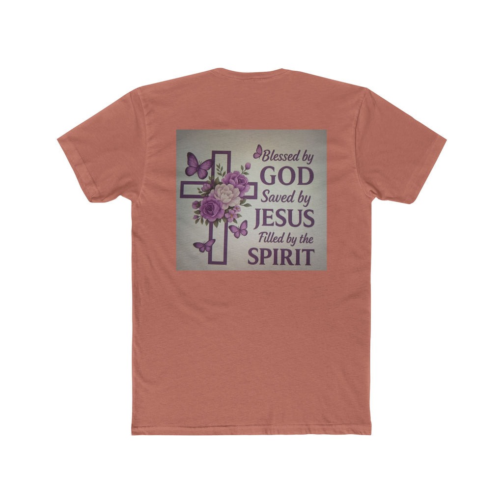 Christian Tee — "Blessed by God, Saved by Jesus, Filled by the Spirit" Floral Cross