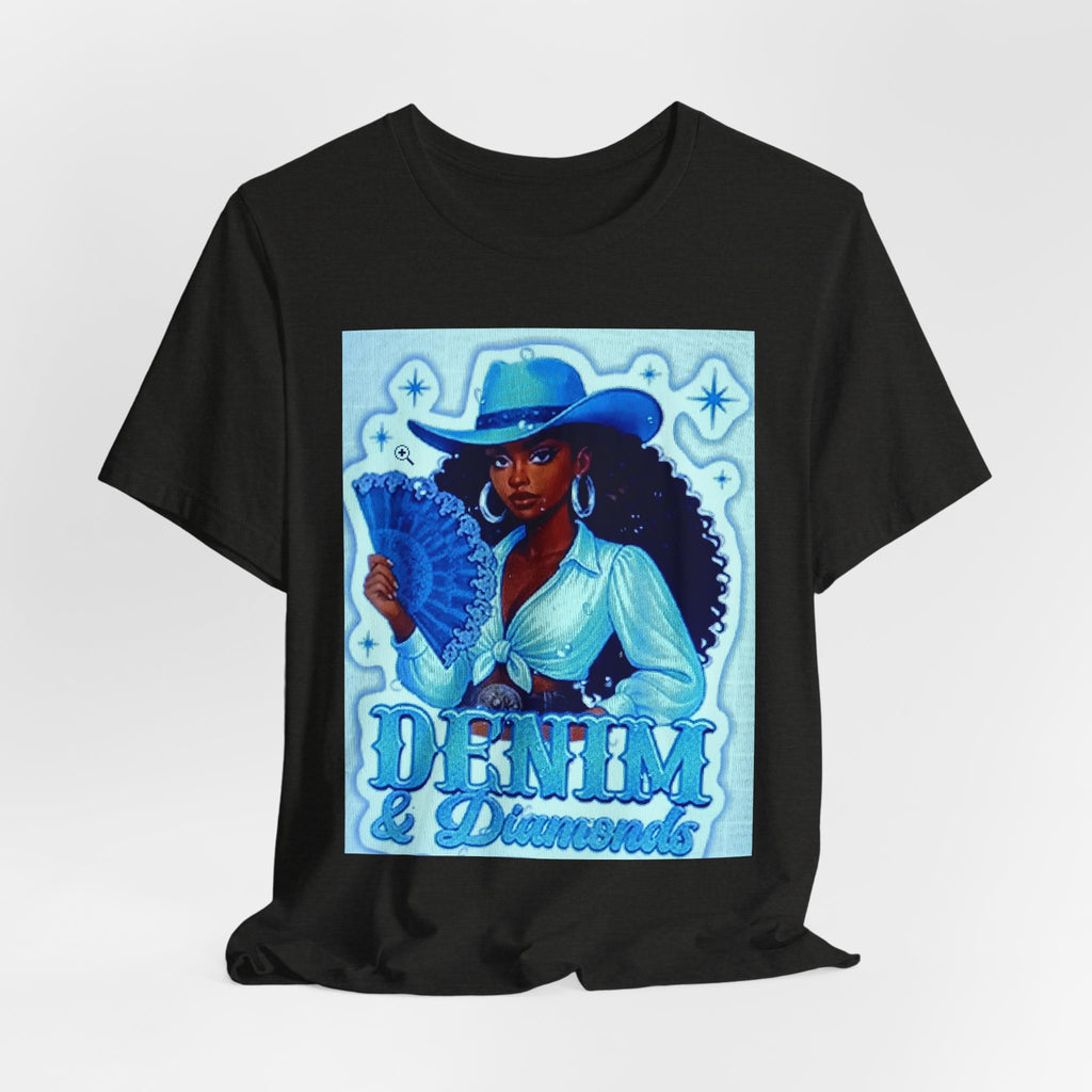 Denim & Diamonds Graphic T‑Shirt — Retro Blue Cowgirl Design