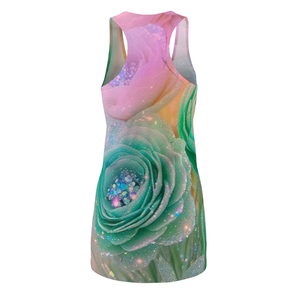 Racerback Dress - Pastel Teal Rose All-Over Print, Sparkle Floral Aesthetic