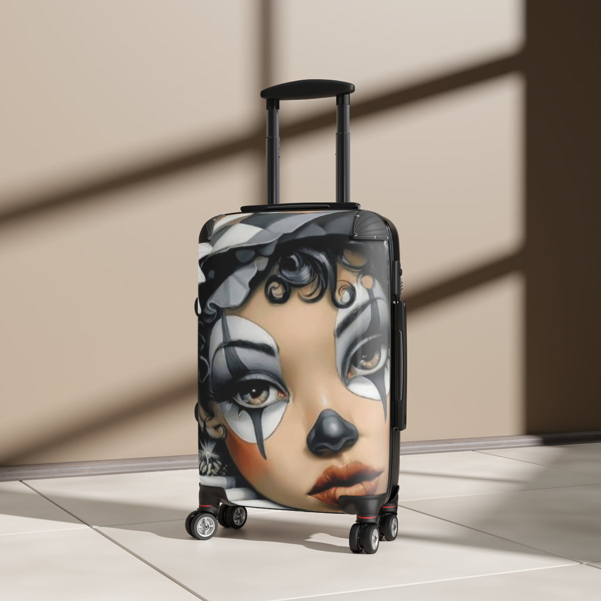 Pierrot Clown Art Carry-On Suitcase — Vintage Circus Face Luggage