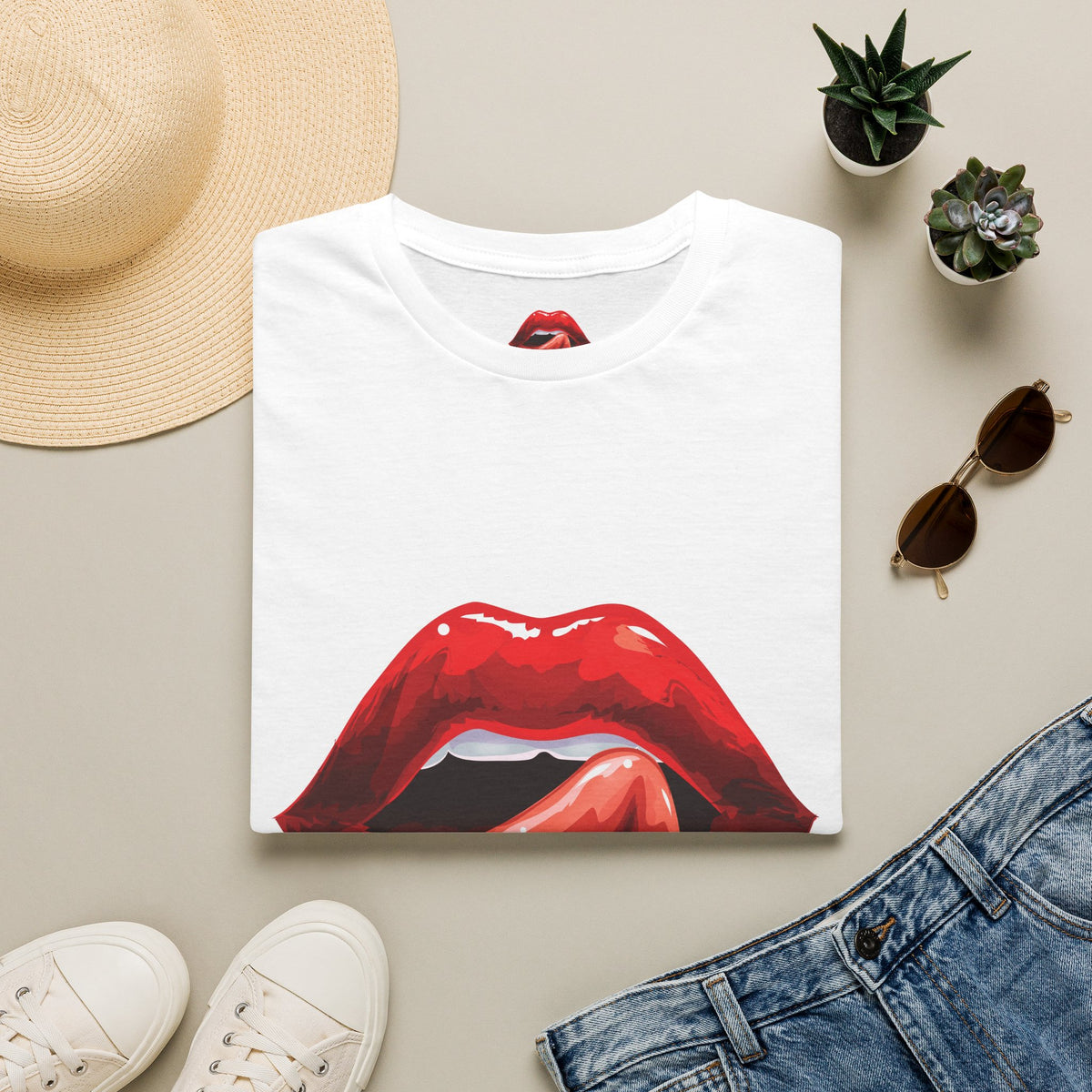 Graphic Tee — Glossy Red Lips Tongue-Out Design