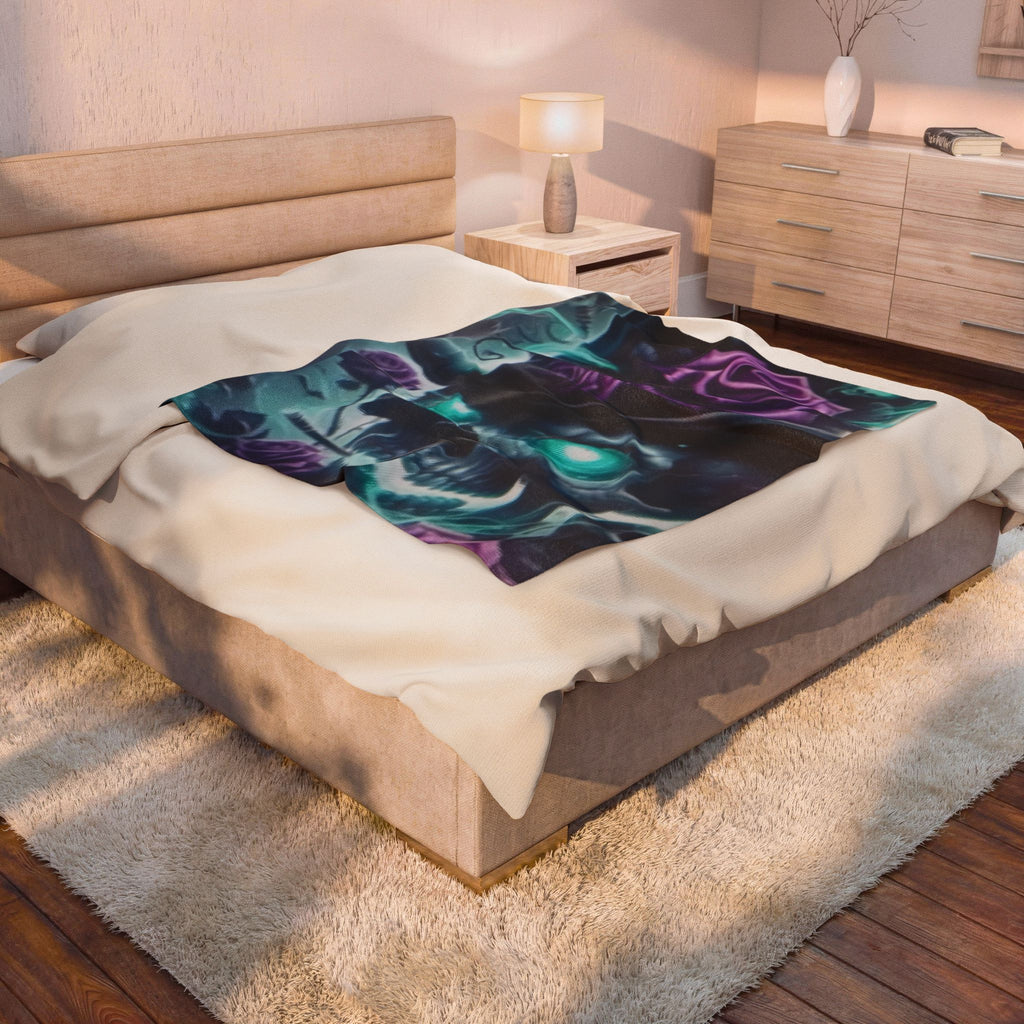 Velveteen Plush Blanket — Neon Skull with Purple Roses Throw