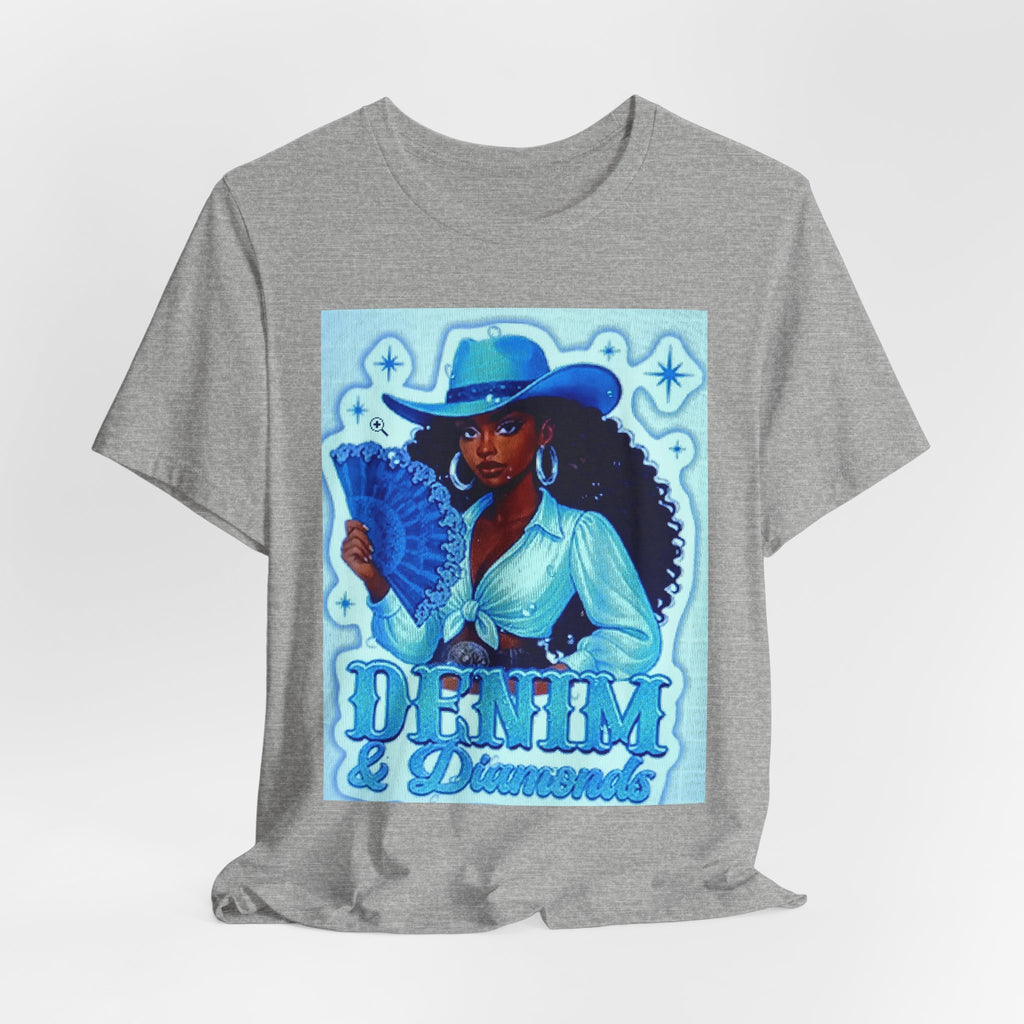 Denim & Diamonds Graphic T‑Shirt — Retro Blue Cowgirl Design