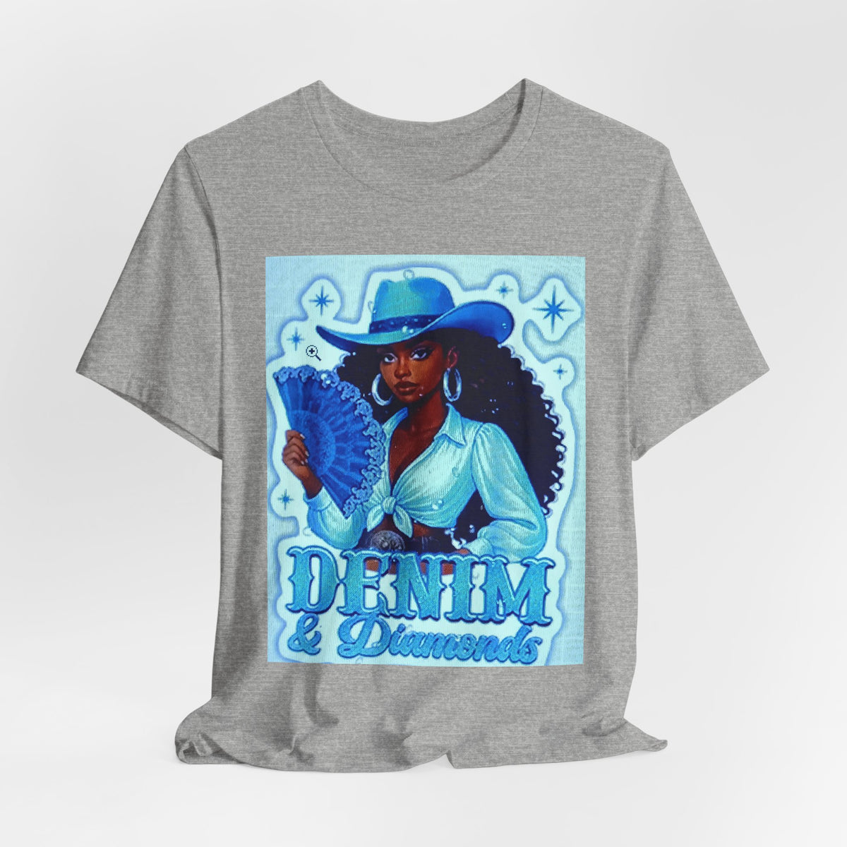 Denim & Diamonds Graphic T‑Shirt — Retro Blue Cowgirl Design