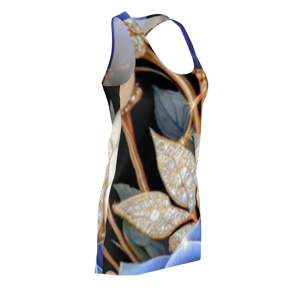 Racerback Dress — Elegant Blue Floral & Gold Leaf All-Over Print
