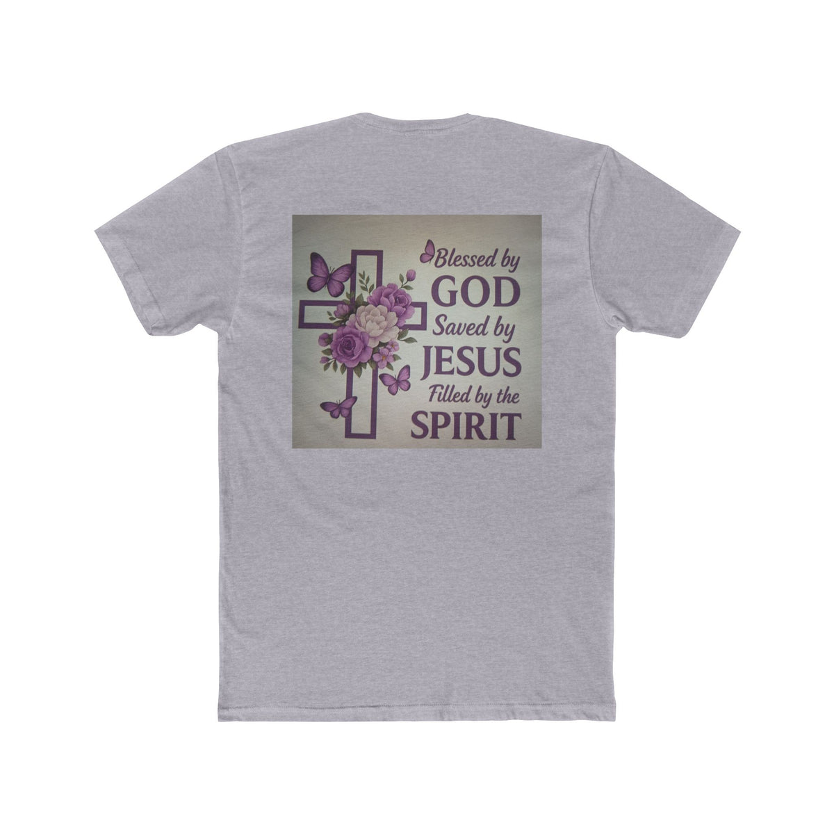 Christian Tee — "Blessed by God, Saved by Jesus, Filled by the Spirit" Floral Cross