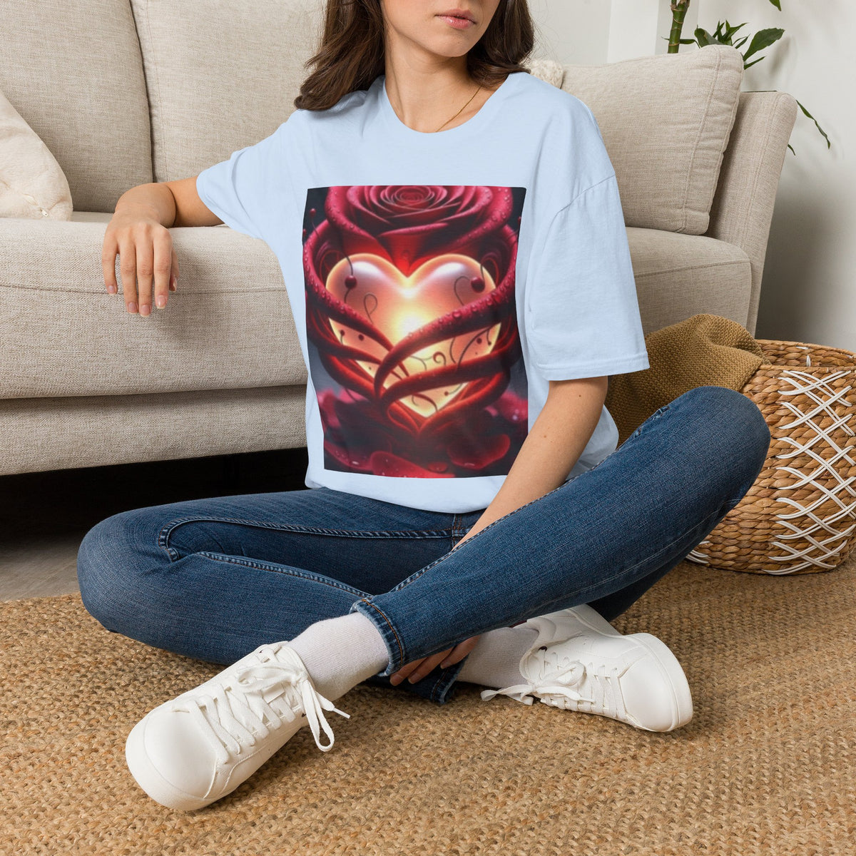 Heart Rose T-Shirt — Glowing Heart & Rose Graphic Tee