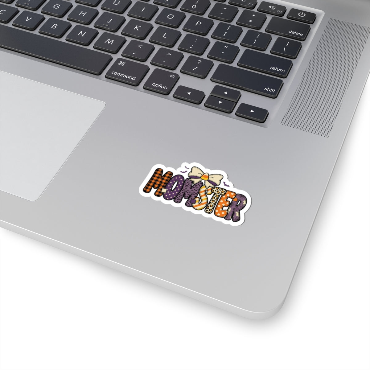 Momster Halloween lettering sticker | Kiss-Cut Sticker, bats, purple orange plaid