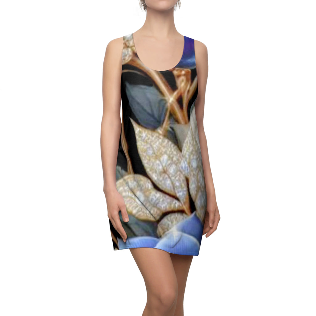 Racerback Dress — Elegant Blue Floral & Gold Leaf All-Over Print