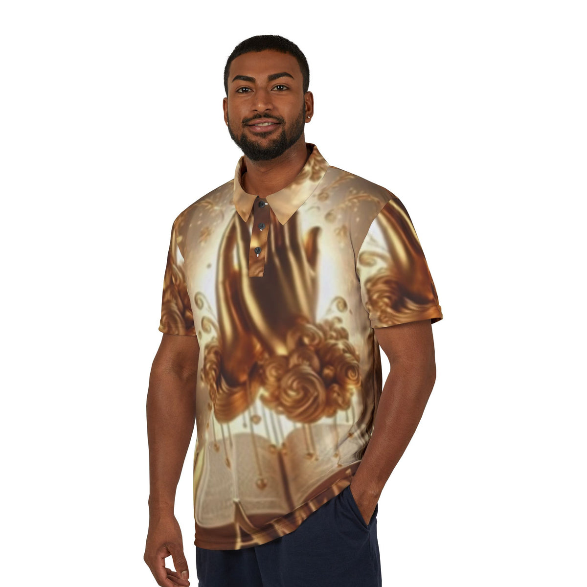 Golden Floral Book Polo Shirt — Luxe All-Over-Print