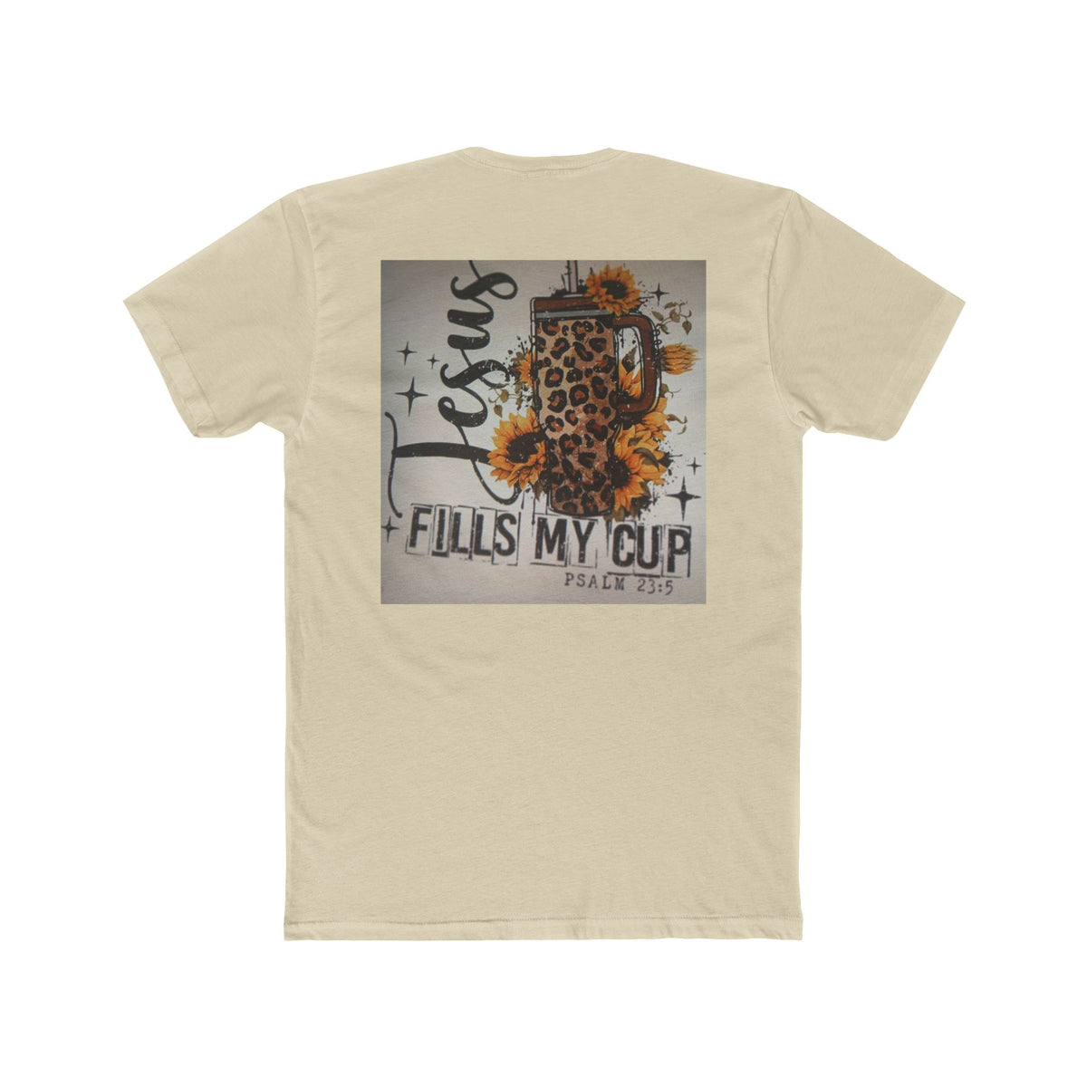 Christian Leopard Mug Graphic Tee — "Jesus Fills My Cup" Sunflower T-Shirt