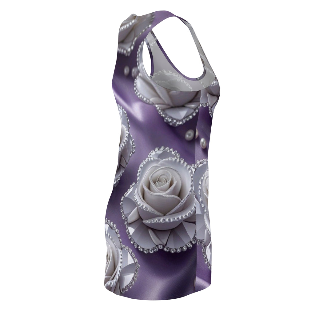 Purple Satin Rose Racerback Dress – White Pearl Floral Print