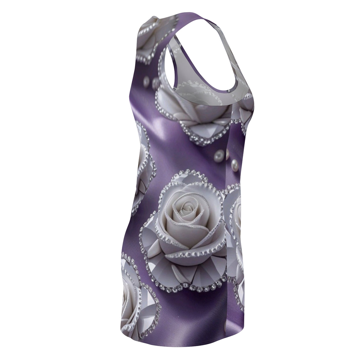 Purple Satin Rose Racerback Dress – White Pearl Floral Print