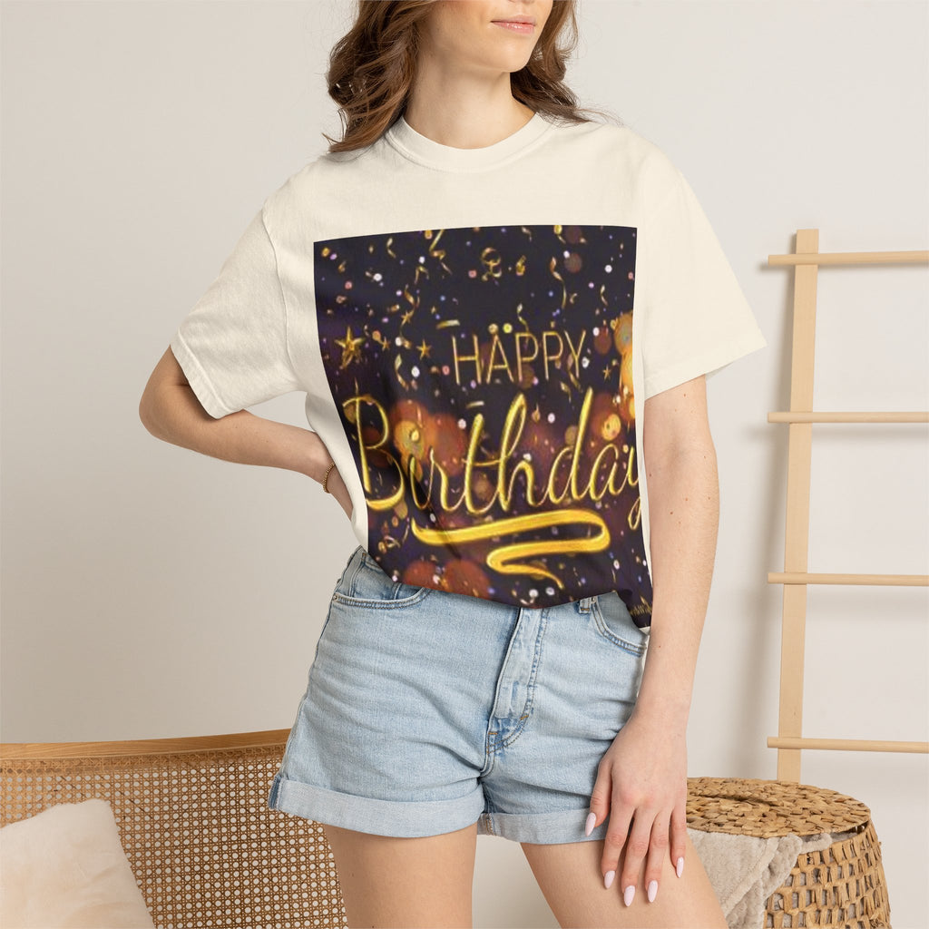 Birthday T-Shirt — Gold Confetti "Happy Birthday" Tee