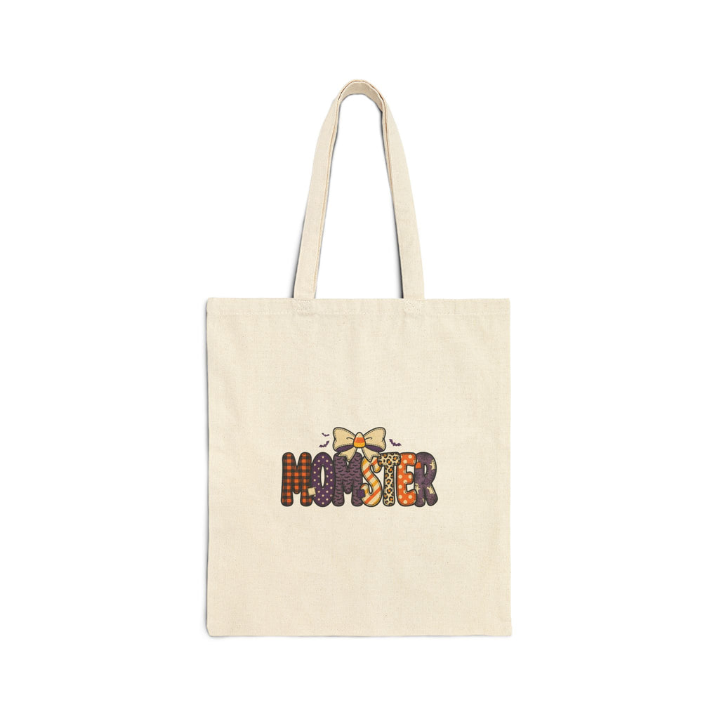 Momster Halloween Tote | Cotton Canvas bag, purple orange spooky lettering