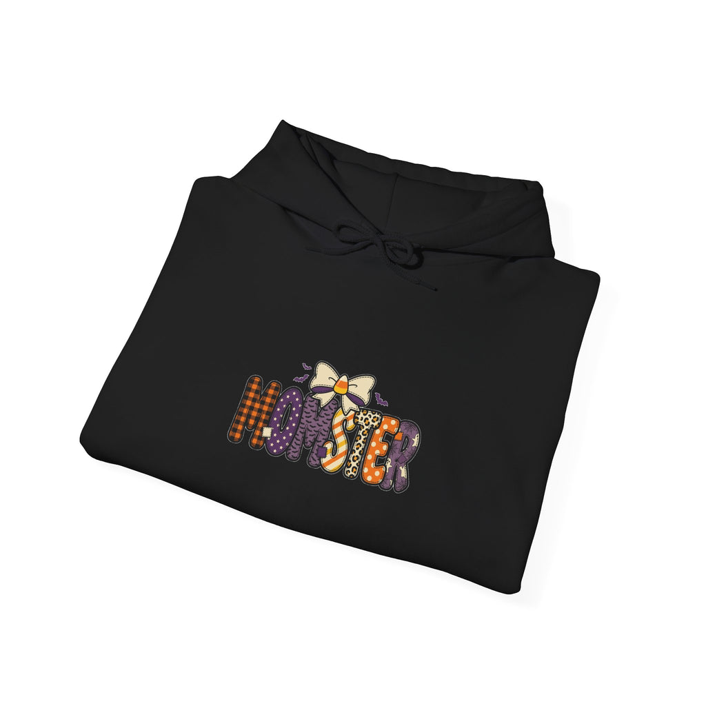 Momster Halloween Mom Hoodie | spooky lettering, bats, purple orange