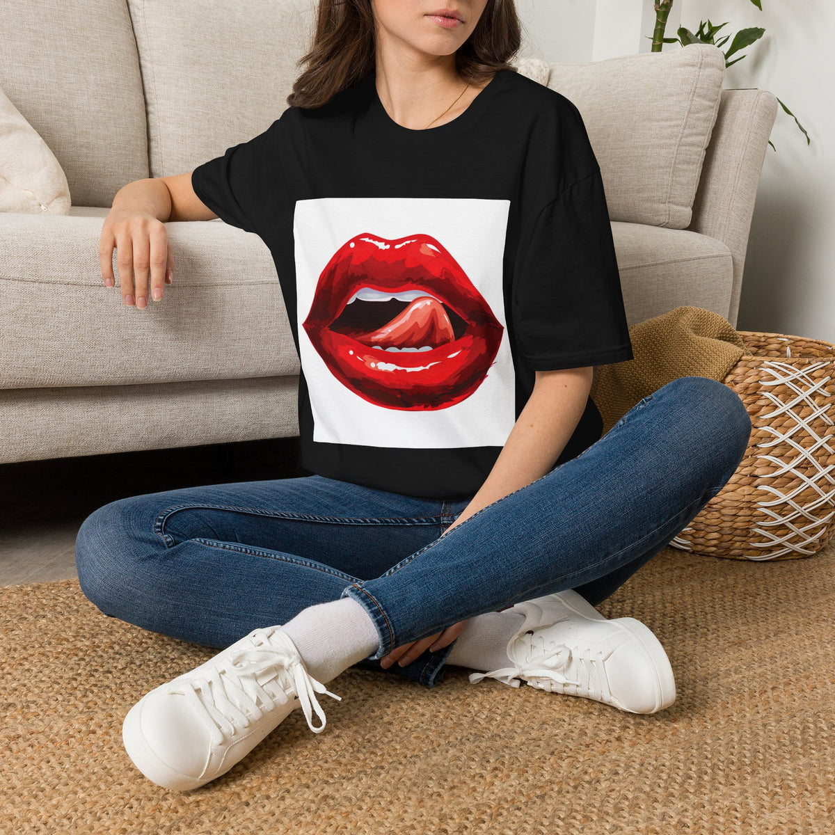 Graphic Tee — Glossy Red Lips Tongue-Out Design