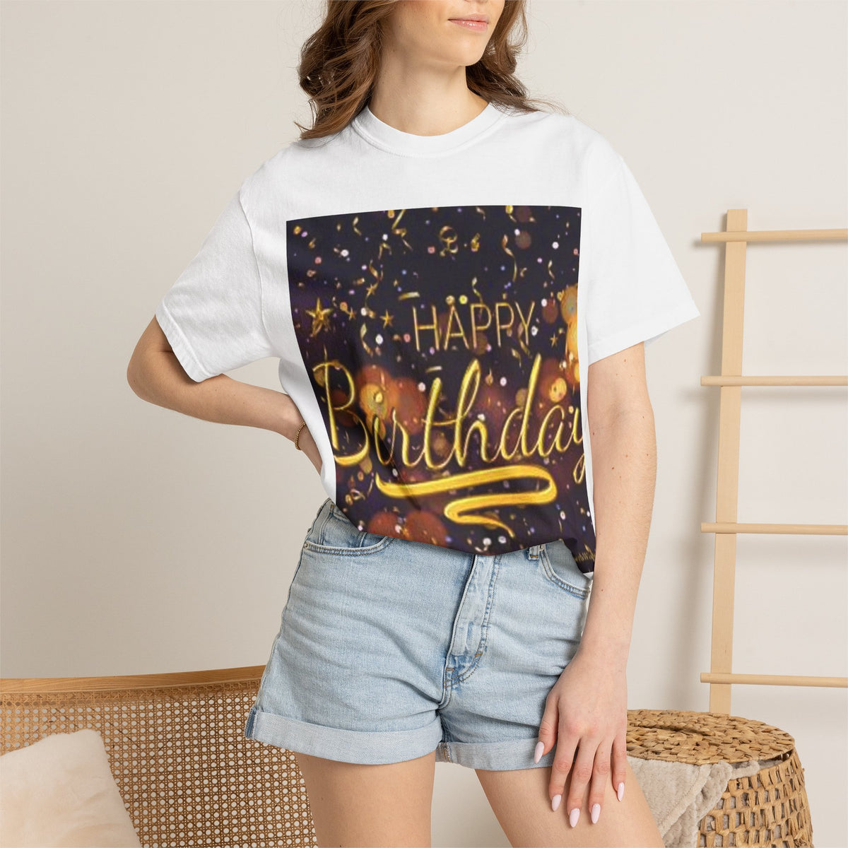 Birthday T-Shirt — Gold Confetti "Happy Birthday" Tee