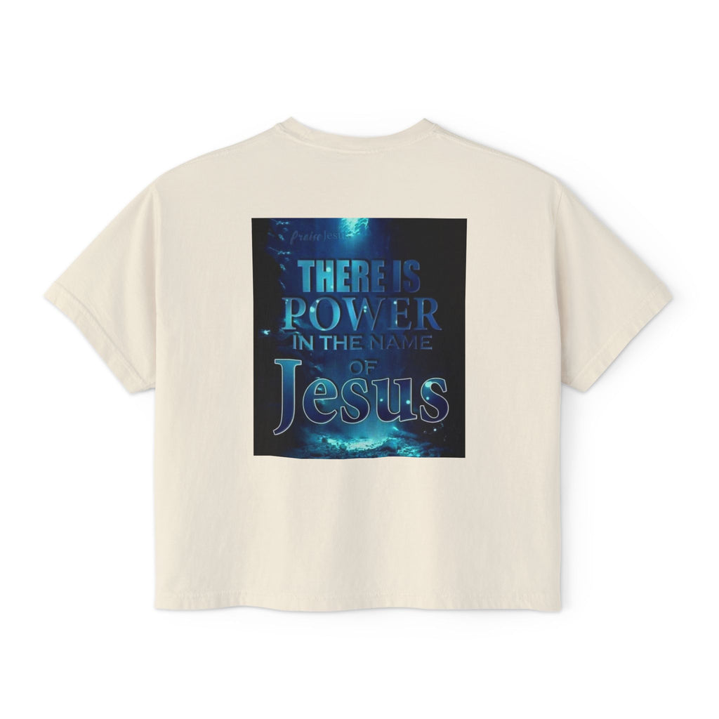 Christian Boxy Tee — "There Is Power in the Name of Jesus" Inspirational Women's Shirt
