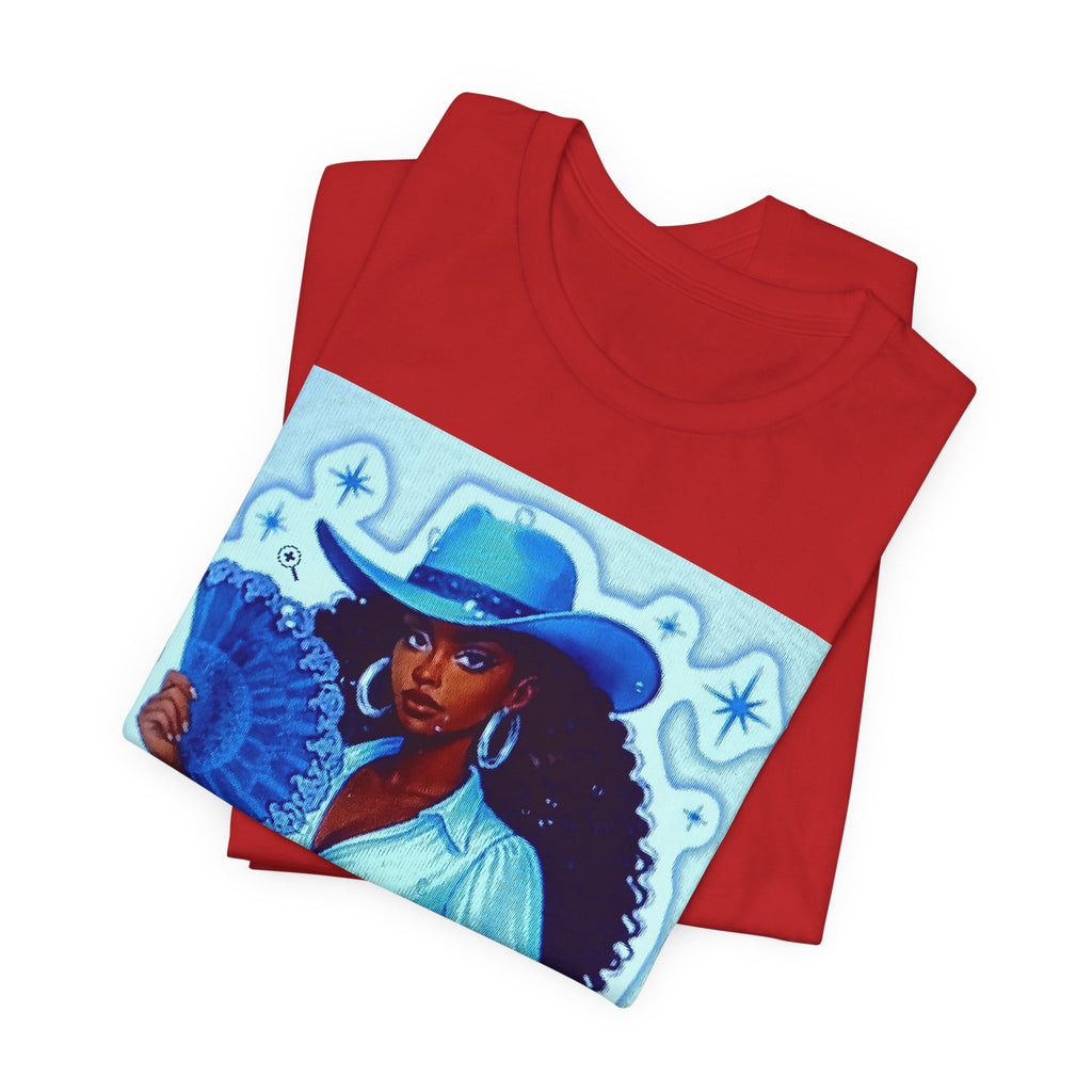 Denim & Diamonds Graphic T‑Shirt — Retro Blue Cowgirl Design