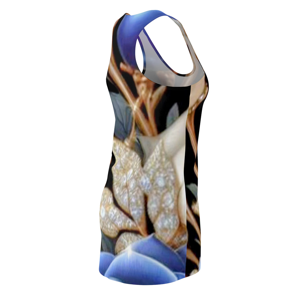 Racerback Dress — Elegant Blue Floral & Gold Leaf All-Over Print