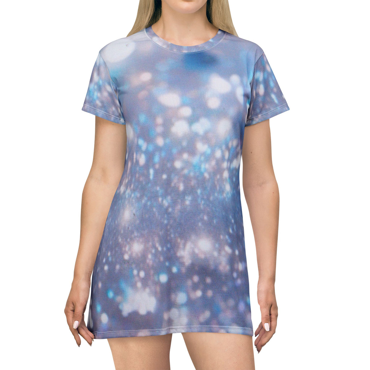 Blue Bokeh T‑Shirt Dress — Sparkling Light All-Over Print