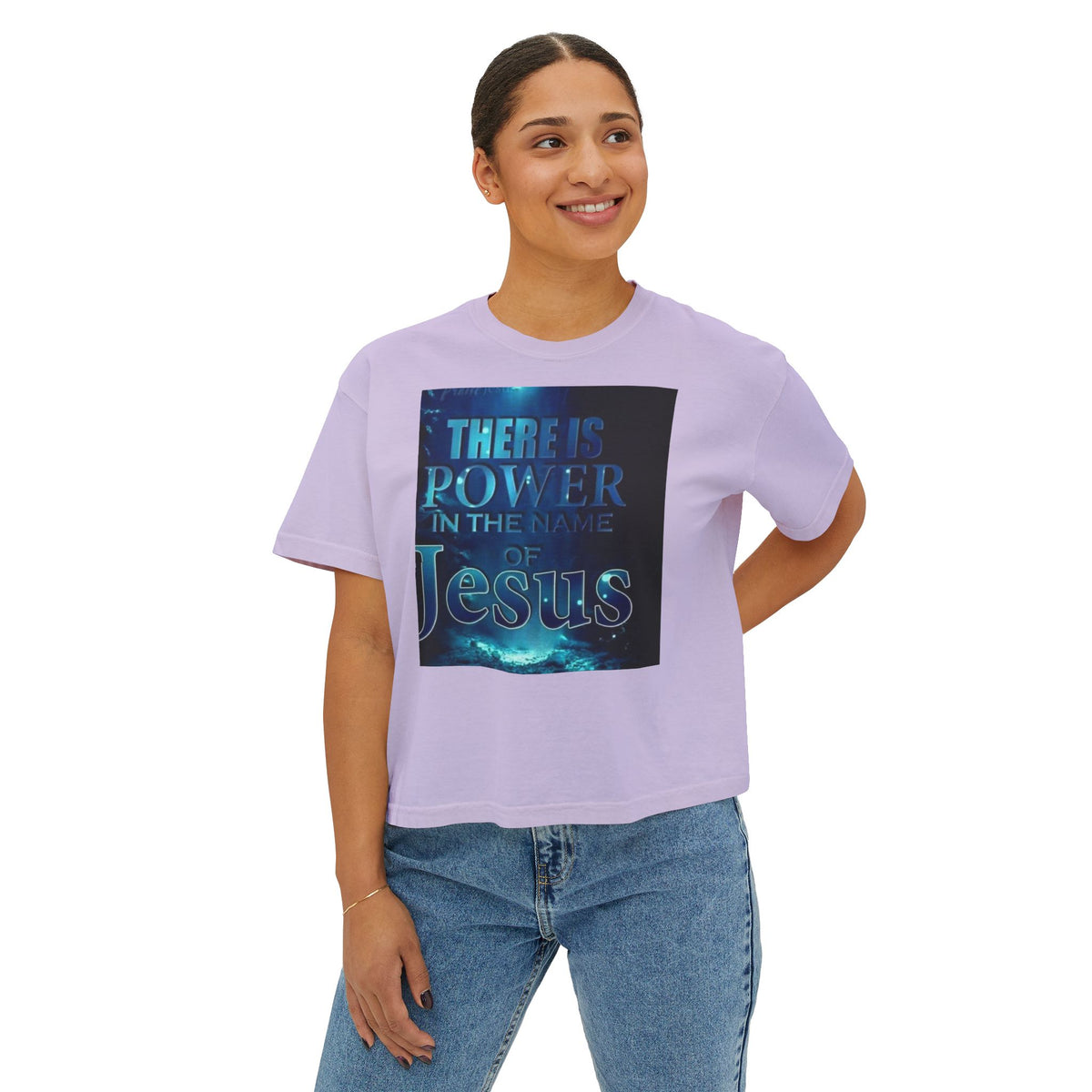 Christian Boxy Tee — "There Is Power in the Name of Jesus" Inspirational Women's Shirt