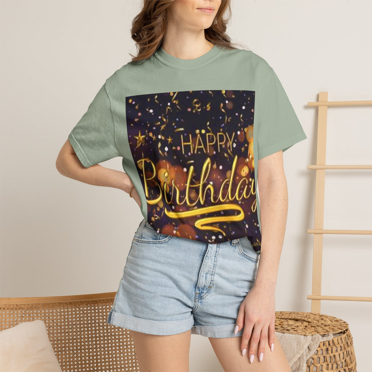 Birthday T-Shirt — Gold Confetti "Happy Birthday" Tee