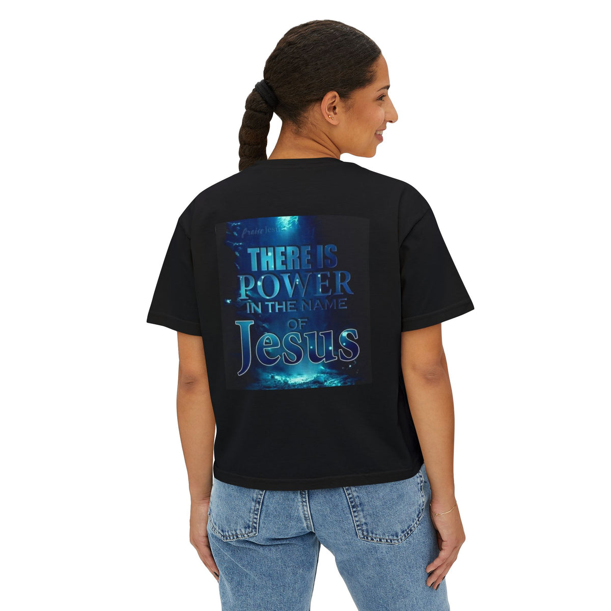 Christian Boxy Tee — "There Is Power in the Name of Jesus" Inspirational Women's Shirt