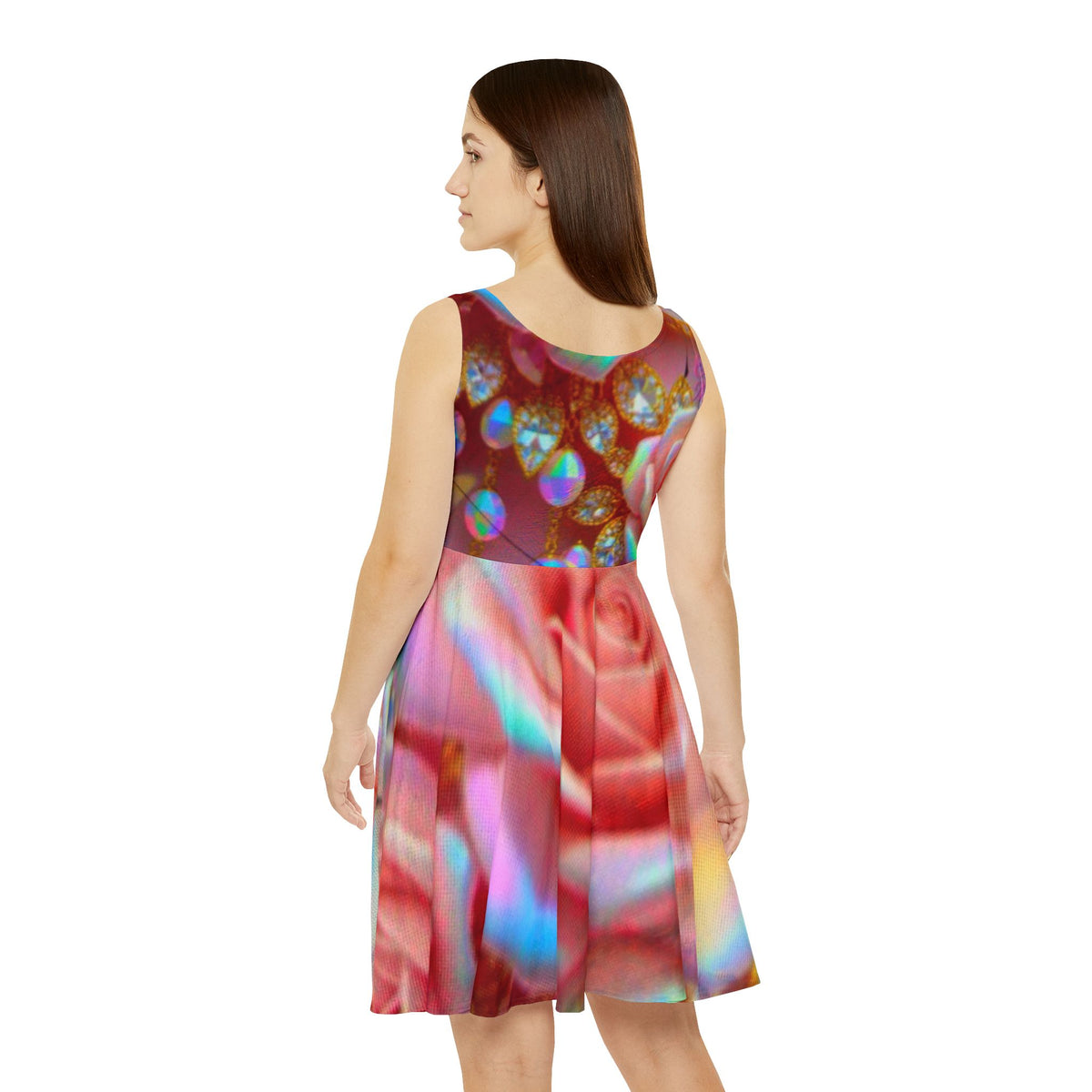 Holographic Rose Skater Dress - Floral Glitter Prism All-Over Print