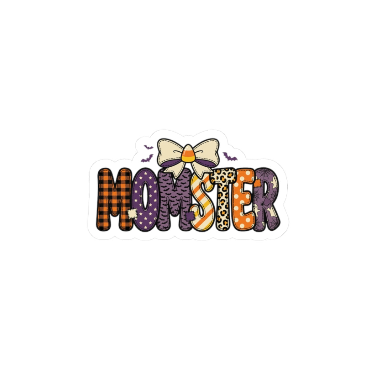 Momster Halloween lettering sticker | Kiss-Cut Sticker, bats, purple orange plaid