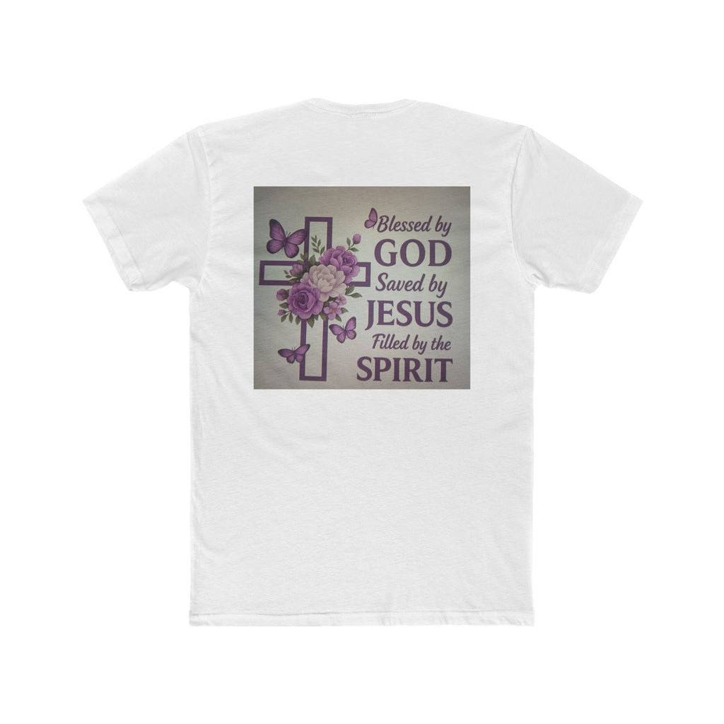 Christian Tee — "Blessed by God, Saved by Jesus, Filled by the Spirit" Floral Cross