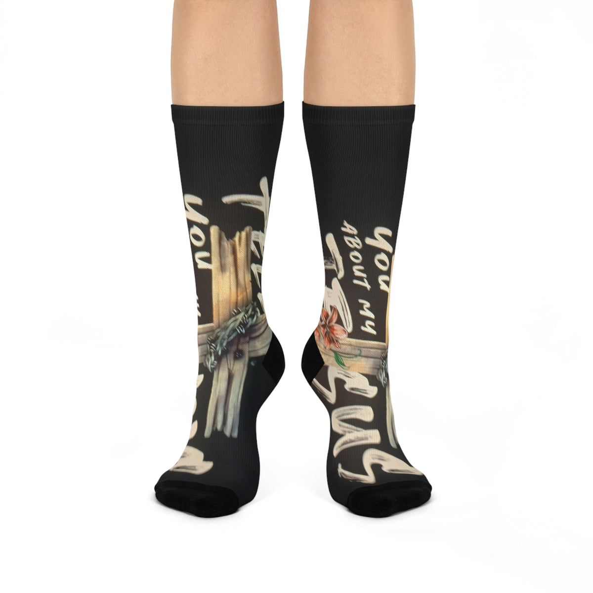 Cushioned Crew Socks — 'Let Me Tell You About My Jesus' Cross Inspirational Christian Socks