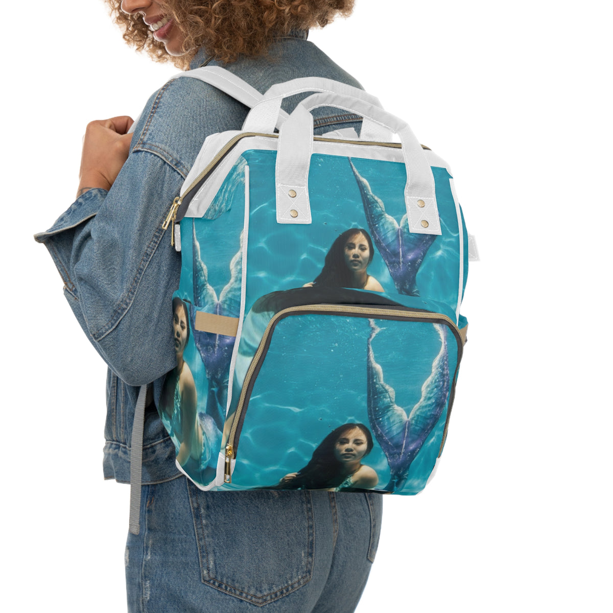 Mermaid Print Diaper Backpack – Multifunctional Baby Bag for Moms & Travel