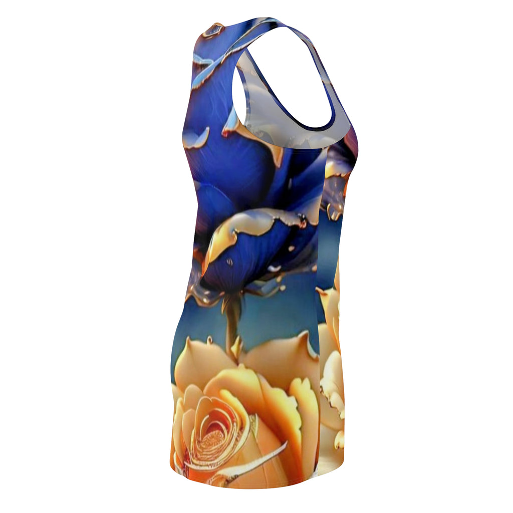 Floral Racerback Dress — Vibrant Blue & Orange Rose All-Over Print