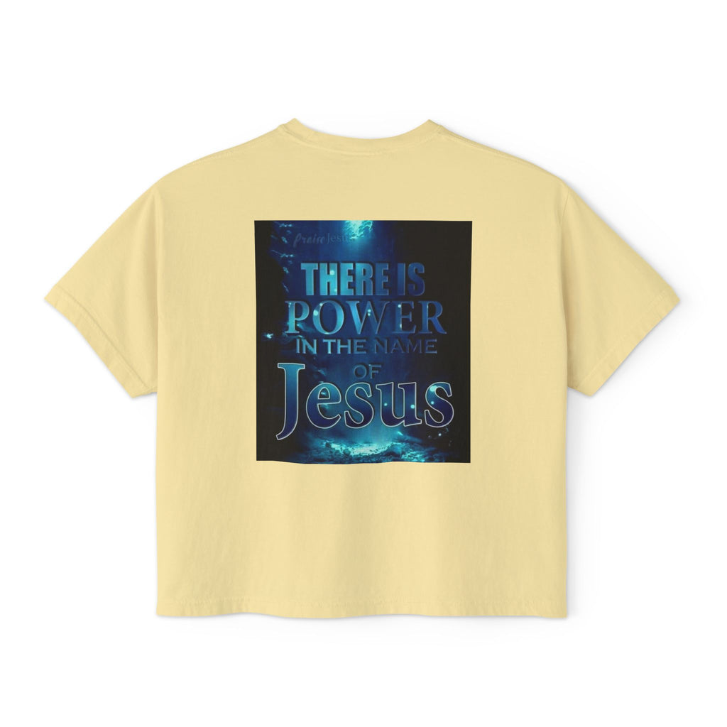 Christian Boxy Tee — "There Is Power in the Name of Jesus" Inspirational Women's Shirt