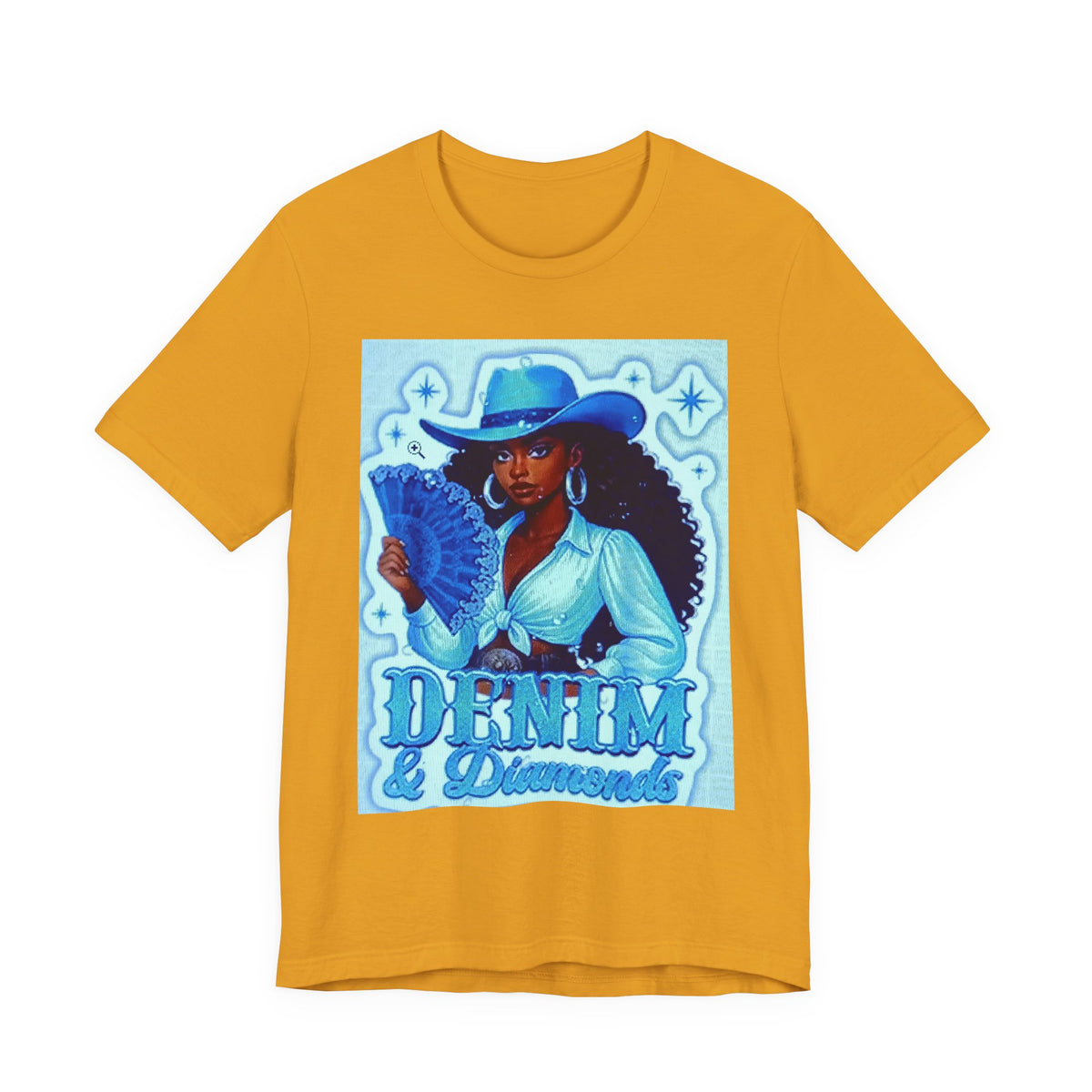 Denim & Diamonds Graphic T‑Shirt — Retro Blue Cowgirl Design