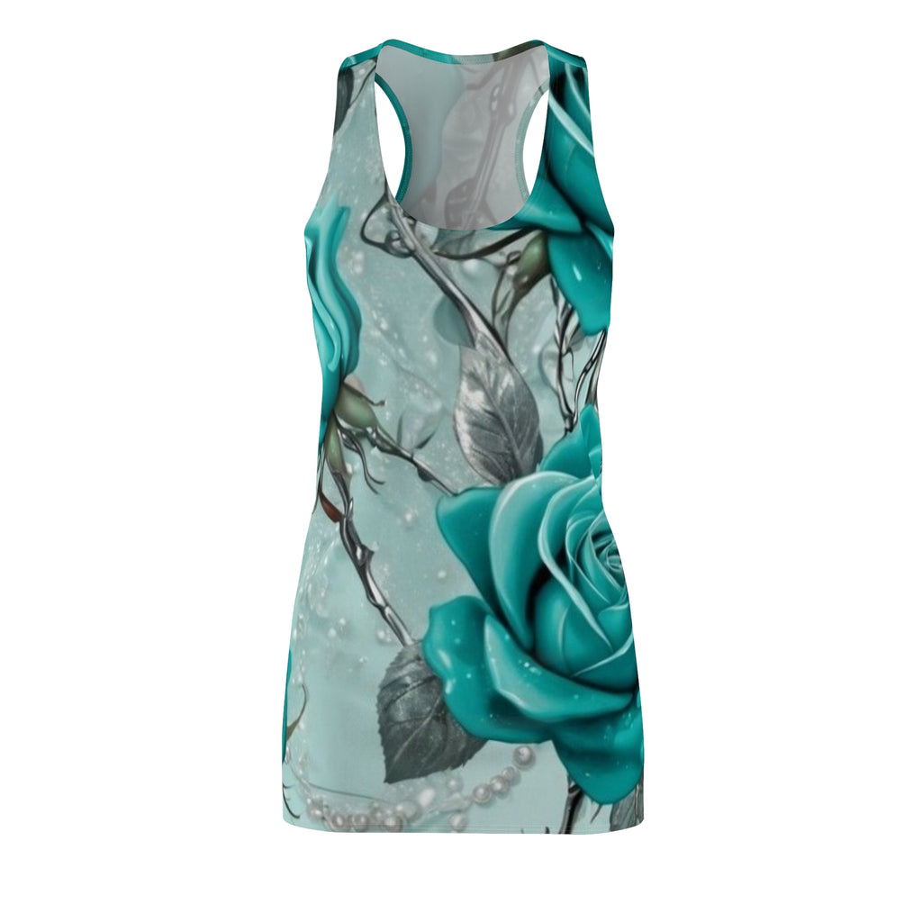 Teal Rose Racerback Dress – All-Over Print Floral Sundress