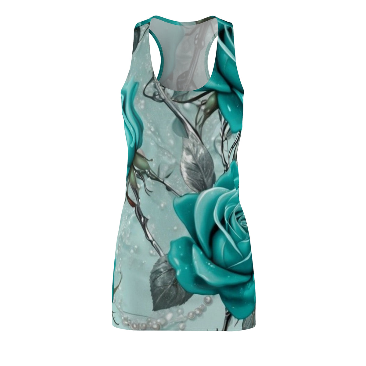 Teal Rose Racerback Dress – All-Over Print Floral Sundress