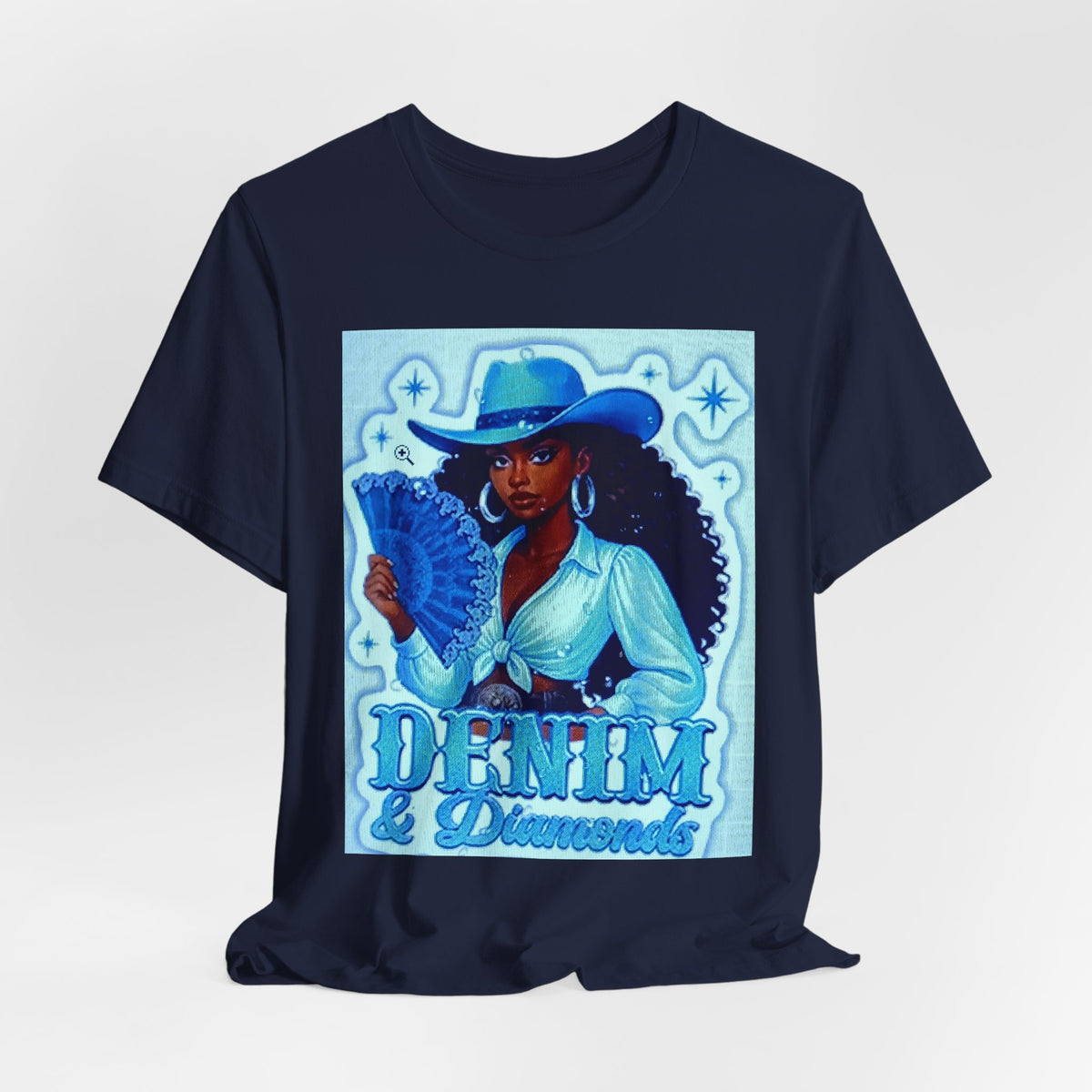 Denim & Diamonds Graphic T‑Shirt — Retro Blue Cowgirl Design