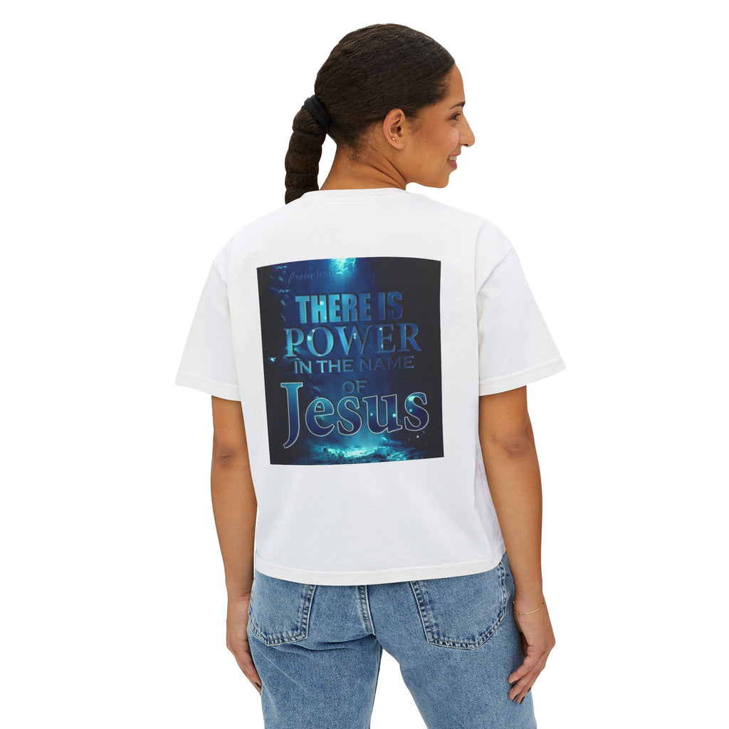 Christian Boxy Tee — "There Is Power in the Name of Jesus" Inspirational Women's Shirt