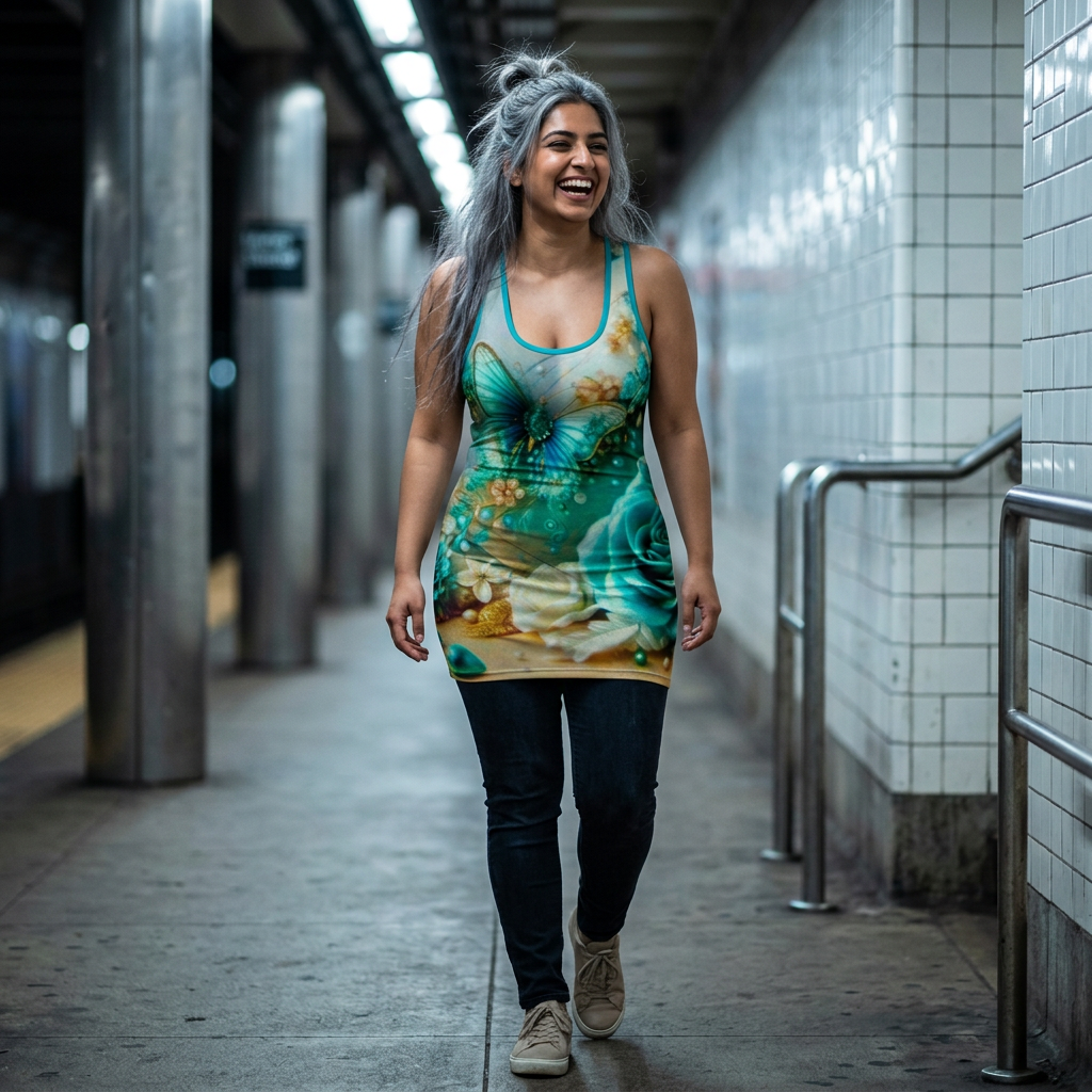 Butterfly Rose Racerback Dress — Teal Floral All-Over Print
