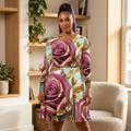 Floral Rose Long Sleeve Dance Dress — Gold Leaf Romantic AOP